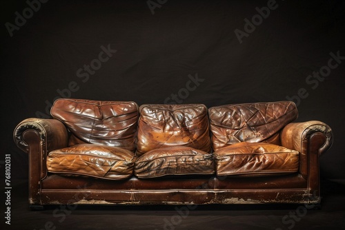 a brown leather couch with a black background