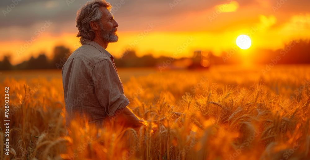 Fototapeta premium Senior farmer standing in his wheat field at sunset and looking away