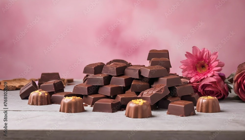 Obraz premium World chocolate day with a lot of different chocolates with chocolate cakes holding on table with flowers behind it a celebration