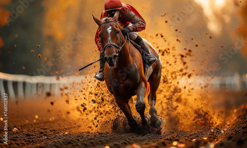 Jockey on horse racing on the track with motion blur photo