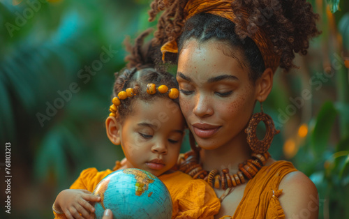 African American mother and daughter with globe