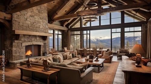 Rustic yet refined Montana ski lodge with soaring beamed ceilings, stacked stone fireplaces, and antler accents photo