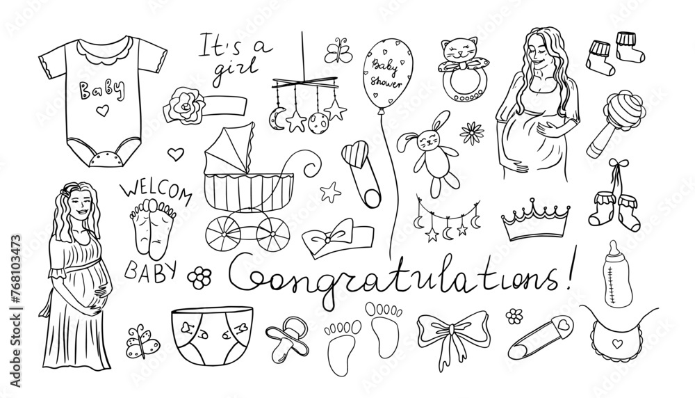 Cute set of baby shower elements in doodle style. Baby shower girl, happy mother, pregnant. Hand drawn. Great for card, invitation card, decoration party, design, print or advertising.