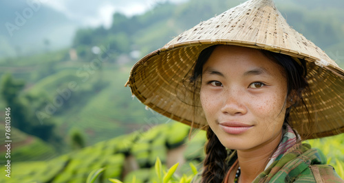Asian girl in a straw hat, portrait of a tea picker at tea plantations on a green hill.