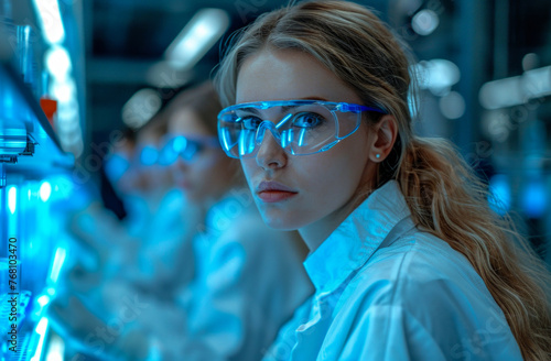 Female scientist is working with her team in modern laboratory.
