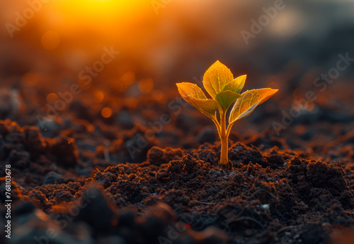 Young plant growing in the morning light on nature background