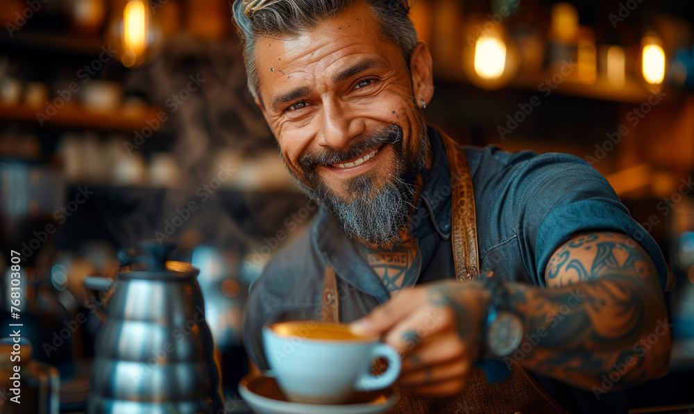 Portrait of smiling man with stylish beard and tattooes on his arms holds cup of coffee while standing in cafe