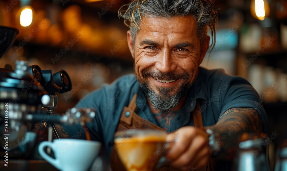 Portrait of smiling man with stylish beard and hair drinking coffee at the bar counter Portrait of smiling man with stylish beard and hair drinking coffee at the bar counter