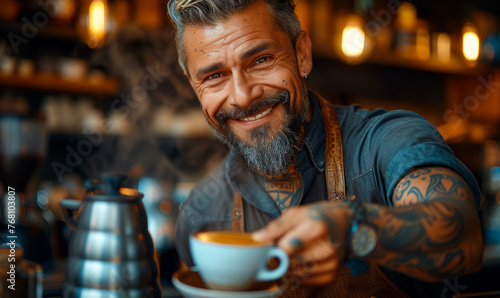 Portrait of smiling man with stylish beard and tattooes on his arms holds cup of coffee while standing in cafe