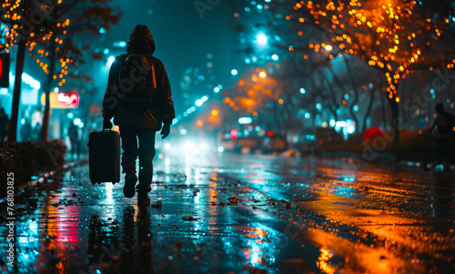 Young woman with suitcase walking in the city street at night in the rain. © Vadim