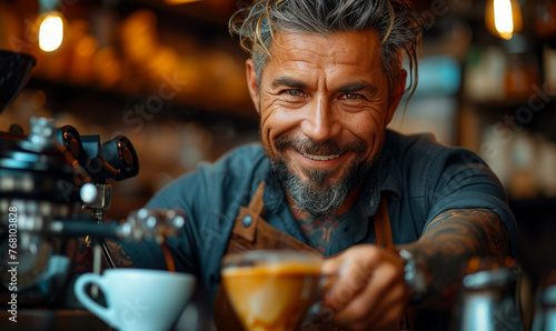 Portrait of smiling man with stylish beard and hair drinking coffee at the bar counter