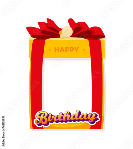 Happy Birthday.Yellow color photo frame in the form of a gift box with red ribbons and a big bow.Holiday concept.Trendy flat design template for photo booth, card, invitation.Vector illustration