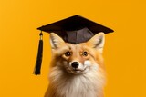 a fox in a graduate hat with a tassel on a yellow background. graduation from an educational institution.
