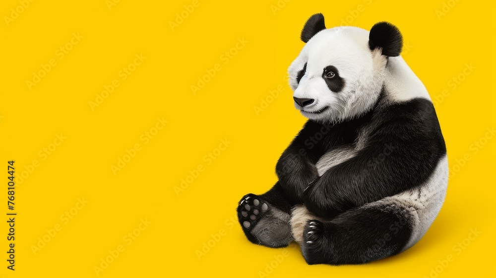 A serene panda sits against a vivid yellow backdrop, offering a minimalistic and captivating image with strong color contrast ideal for diverse applications. A serene panda sits against a vivid yellow backdrop, offering a minimalistic and captivating image with strong color contrast ideal for diverse applications.