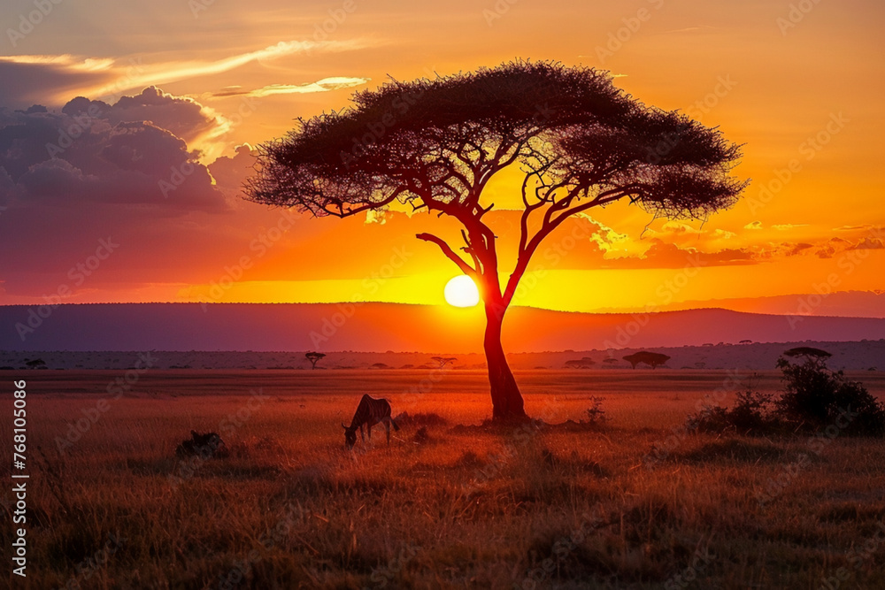 Adventure and safari in Kenya, Africa with sunset on the black continent and the cradle of humanity