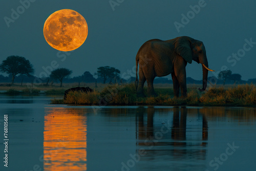 African Elephant - Moon rising over wildlife southern Africa