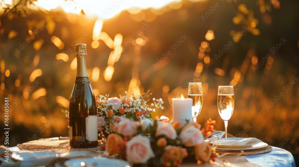 An elegantly set outdoor dining table with lit candles, floral centerpieces, and a warm glow, ready for a magical evening event