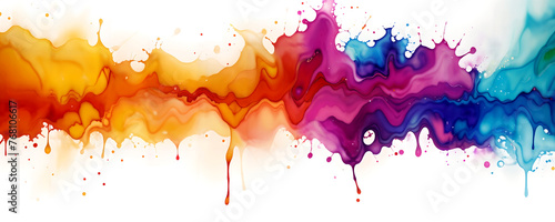Drips of rainbow paint splash of acrylic ink with splatter abstract banner panorama wallpaper background.
