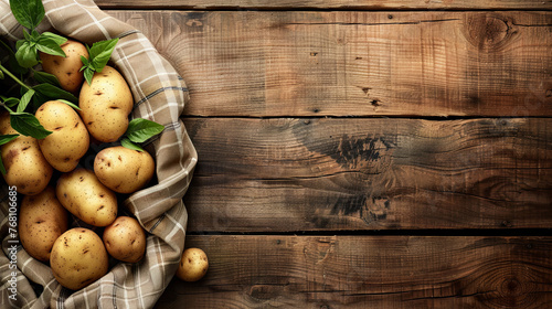 Fresh potatoes lie neatly on a wooden background