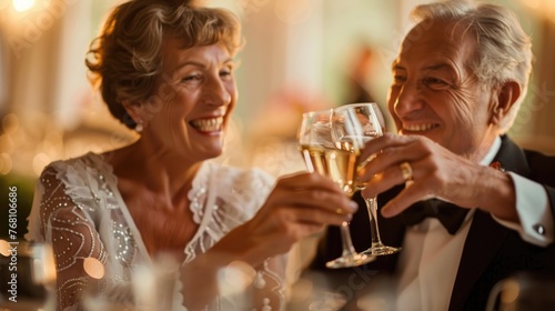 Joyful Toast to Love. A senior couple in formal attire shares a joyful toast, their laughter radiating the delight of a celebratory moment together. Old couple married. Golden wedding