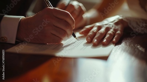 Close-up of a couple's hands as they sign a marriage certificate, a symbol of their promise and the start of a new chapter together. Marriage contract, Prenuptial agreement photo