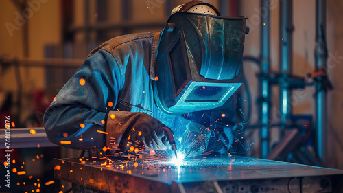 close up of a welder is welding in the workstation, welder at the workstation, welder doing hard work in the garage © Gegham