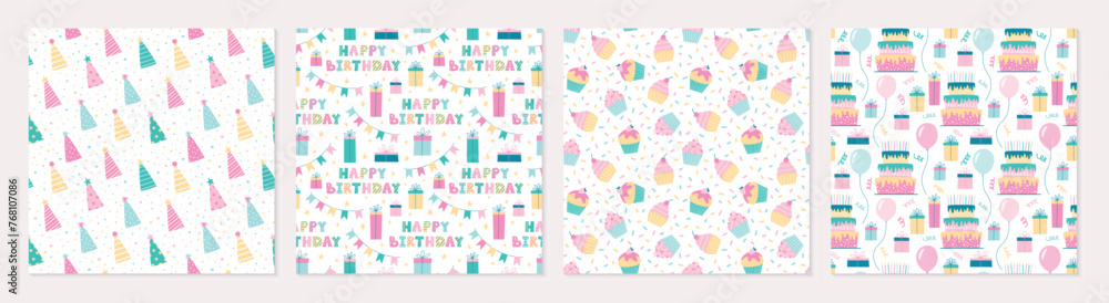 Happy Birthday seamless patterns set. Collection of designs for wrapping paper, gift bags, scrapbooking, textile, fabrics. Happy Birthday seamless patterns set. Collection of designs for wrapping paper, gift bags, scrapbooking, textile, fabrics.