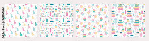 Happy Birthday seamless patterns set. Collection of designs for wrapping paper, gift bags, scrapbooking, textile, fabrics.