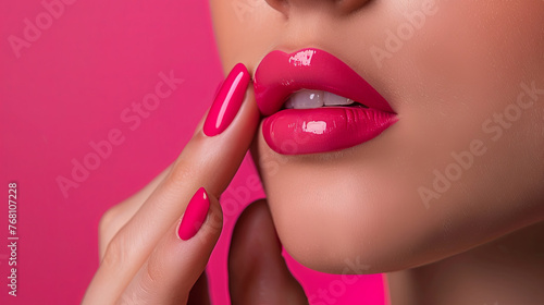 A woman who exudes luxury  with bright pink lips and impeccably manicured nails