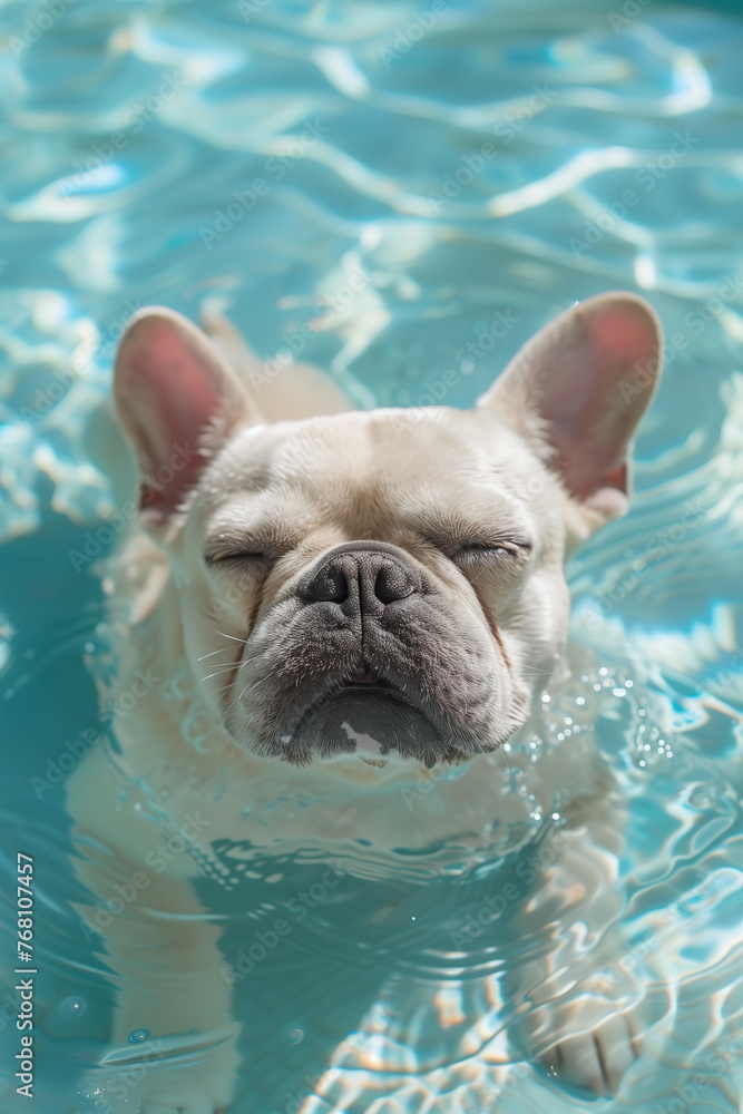 Funny white french bulldog swimming in a water pool.