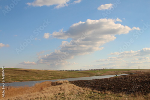 A road with a field and blue sky with clouds