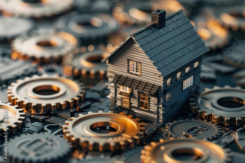 A beautifully captured image that illustrates a classic wooden house resting on intricate mechanical gears, portraying a blend of traditional and industrial themes photo