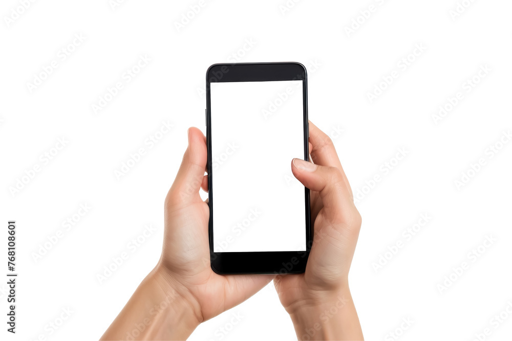 A person hand is holding a cell phone with a white background or transparent background