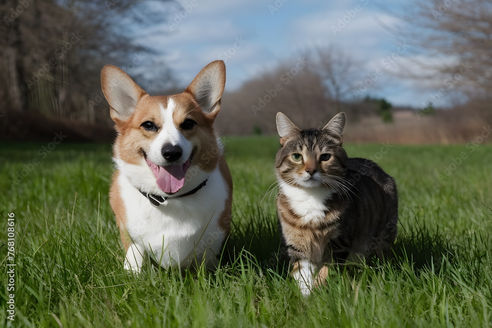 Corgi dog and tabby cat enjoy sunny spring meadow