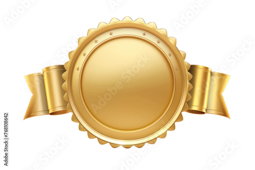 Shiny gold seal with a ribbon, symbolizing achievement ,isolated on white background or transparent background, png clipart die-cut