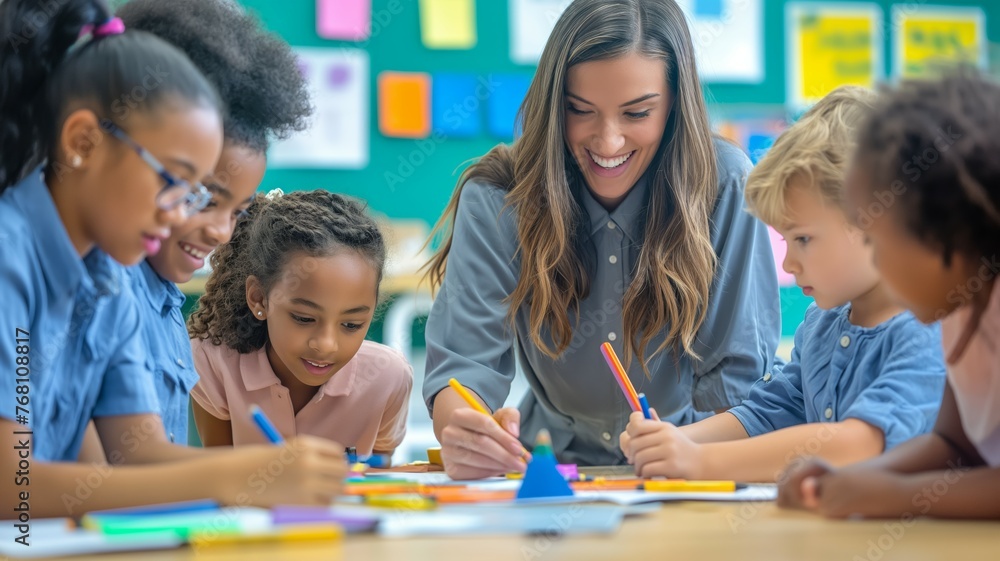 Fototapeta premium Teacher assisting students with schoolwork