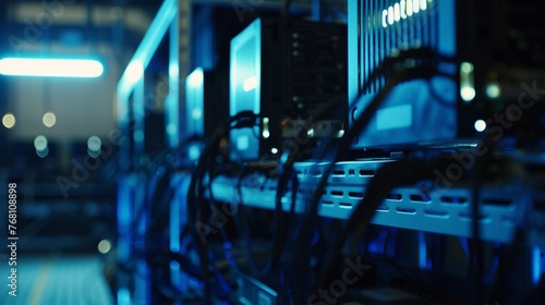 Row of cryptocurrency mining machines, cool blue lighting, mid shot, precise details, cuttingedge technology vibe