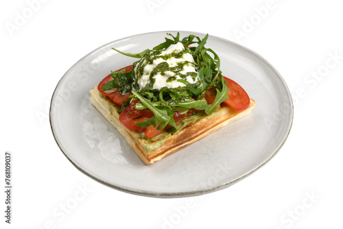 Bild auf Leinwand waffle with egg, tomatoes and herbs, cut out