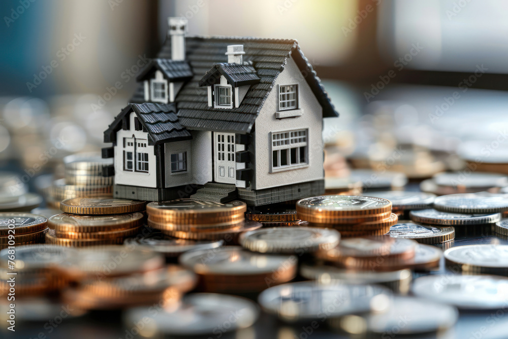 Perfectly crafted model house on a bed of mixed coins, depicting wealth accumulation, financial planning, and the housing market economy Perfectly crafted model house on a bed of mixed coins, depicting wealth accumulation, financial planning, and the housing market economy