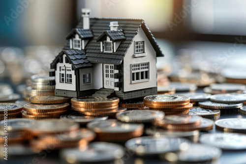 Perfectly crafted model house on a bed of mixed coins, depicting wealth accumulation, financial planning, and the housing market economy