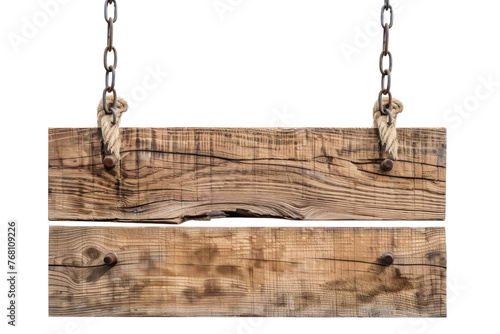 A wooden sign with chains hanging from it photo