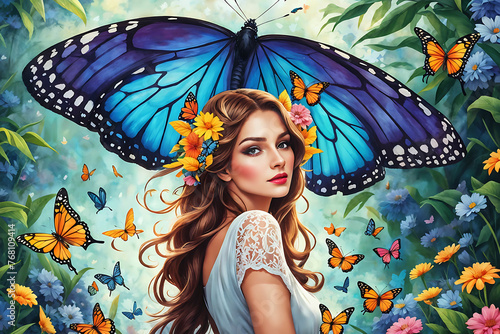  a pretty woman with butterflies and flowers in the background. Generative AI