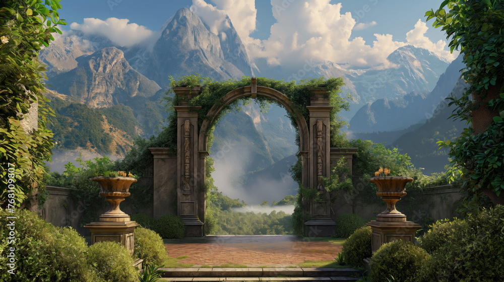 Mountain and castle in front of garden, in style of fantasy settings, architectural vignettes, arched doorways, landscape - obrazy, fototapety, plakaty 