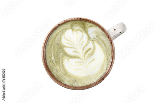 matcha latte in a mug, cut out,  top view