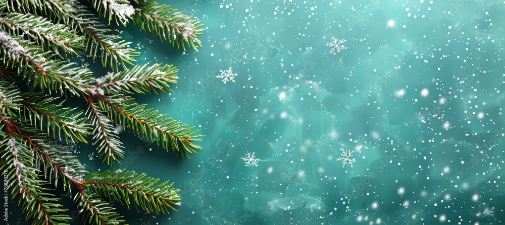 Festive christmas background with spruce branch, snowflakes frame, and text space Festive christmas background with spruce branch, snowflakes frame, and text space