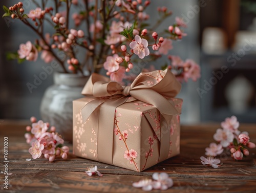 A brown box with a ribbon on top sits on a table next to a vase of pink flowers