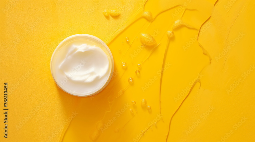 top-down view of a white cream in an open container with smears on a bright yellow background