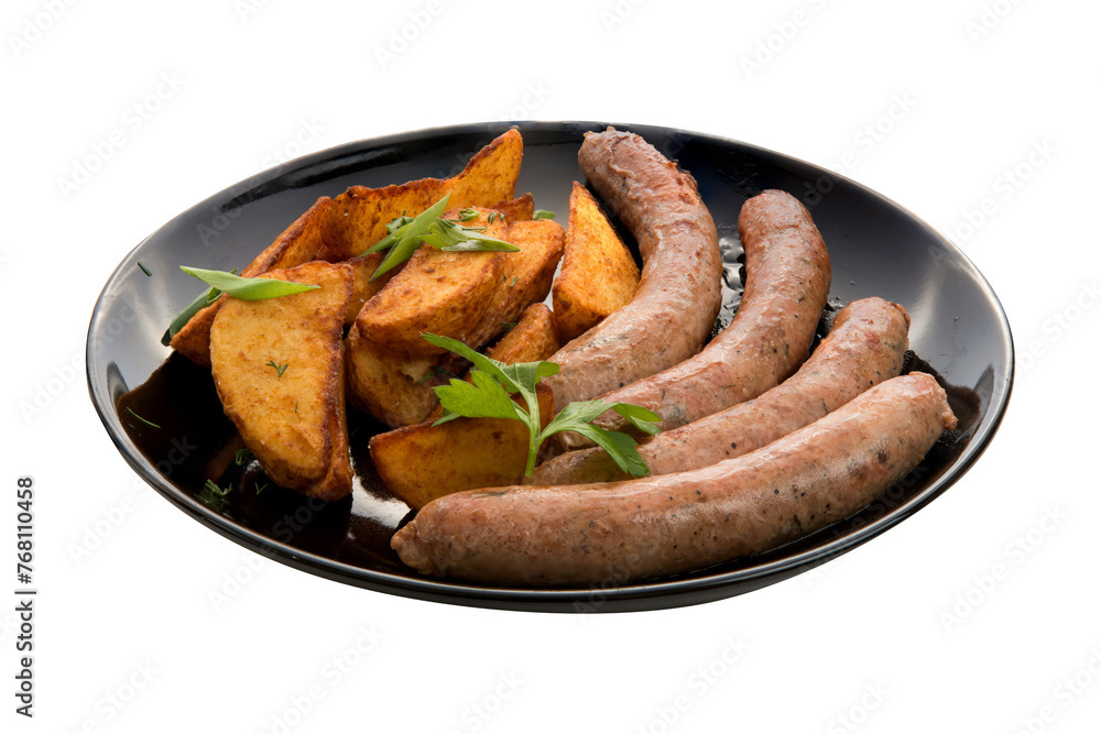 Grilled sausages with rustic potatoes, cut out background Grilled sausages with rustic potatoes, cut out background