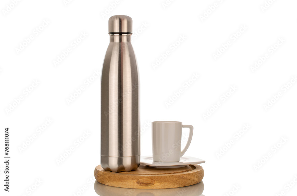 One metal water or coffee bottle with vacuum insulation on wooden tray with white cup, macro, isolated on white background.