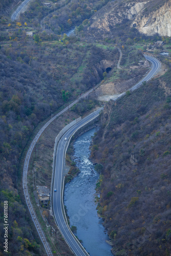 Fabulous canyon landscape with Debed river  railway and road  Armenia.